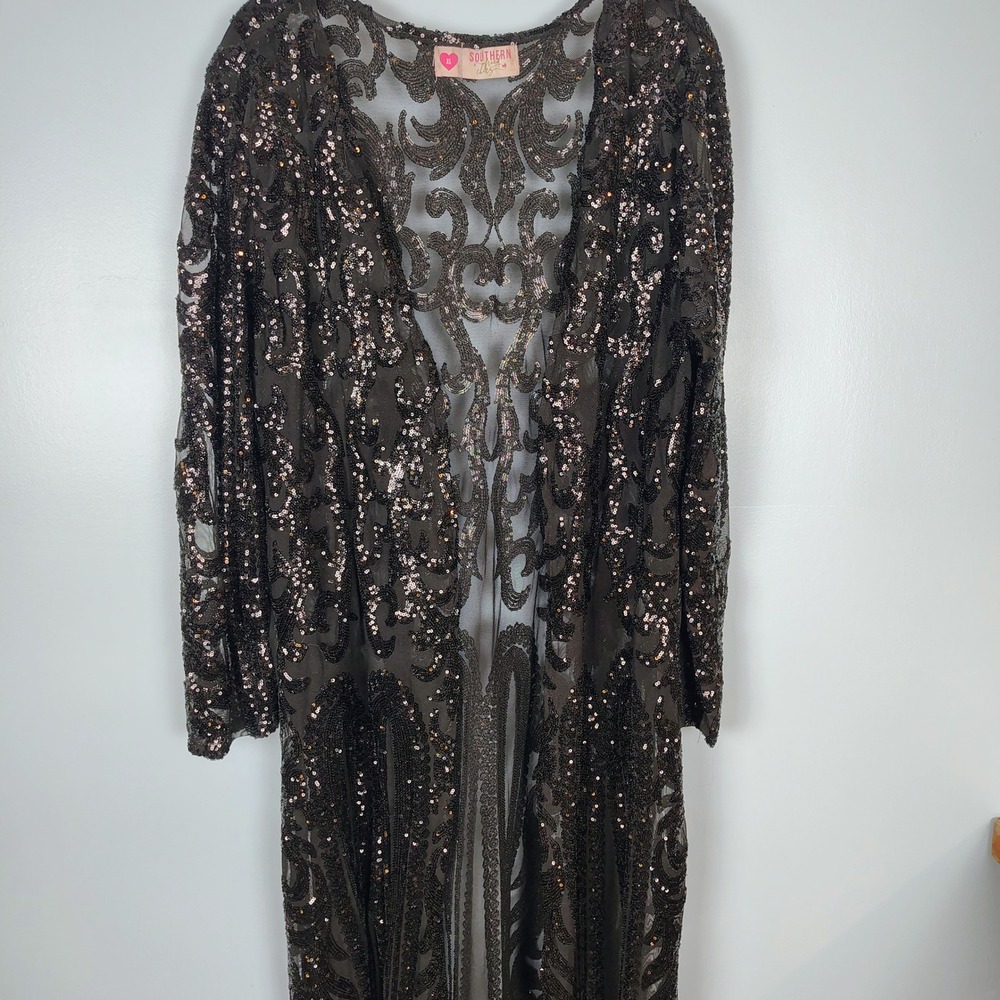 Southern Fried Chics XL Black Sequin Mesh Duster Cardigan Victorian gothic - Picture 2 of 14